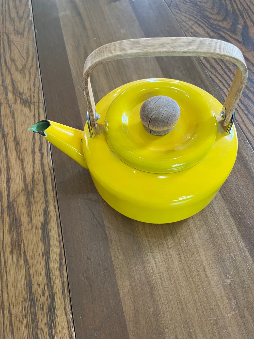 Yellow Enamel Tea Kettle with Wood Handle